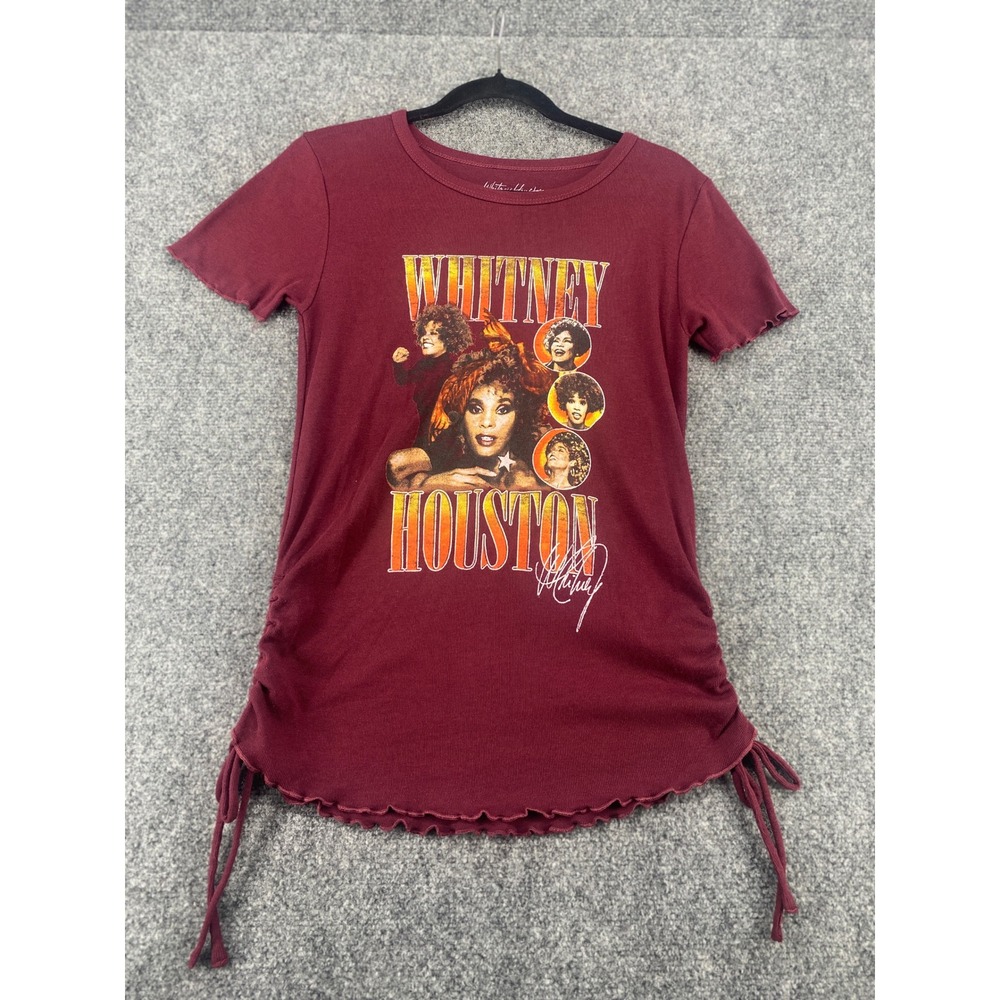 Whitney Houston Graphic T-Shirt Womens Large L Burgundy Ruched Side Lettuce Trim
